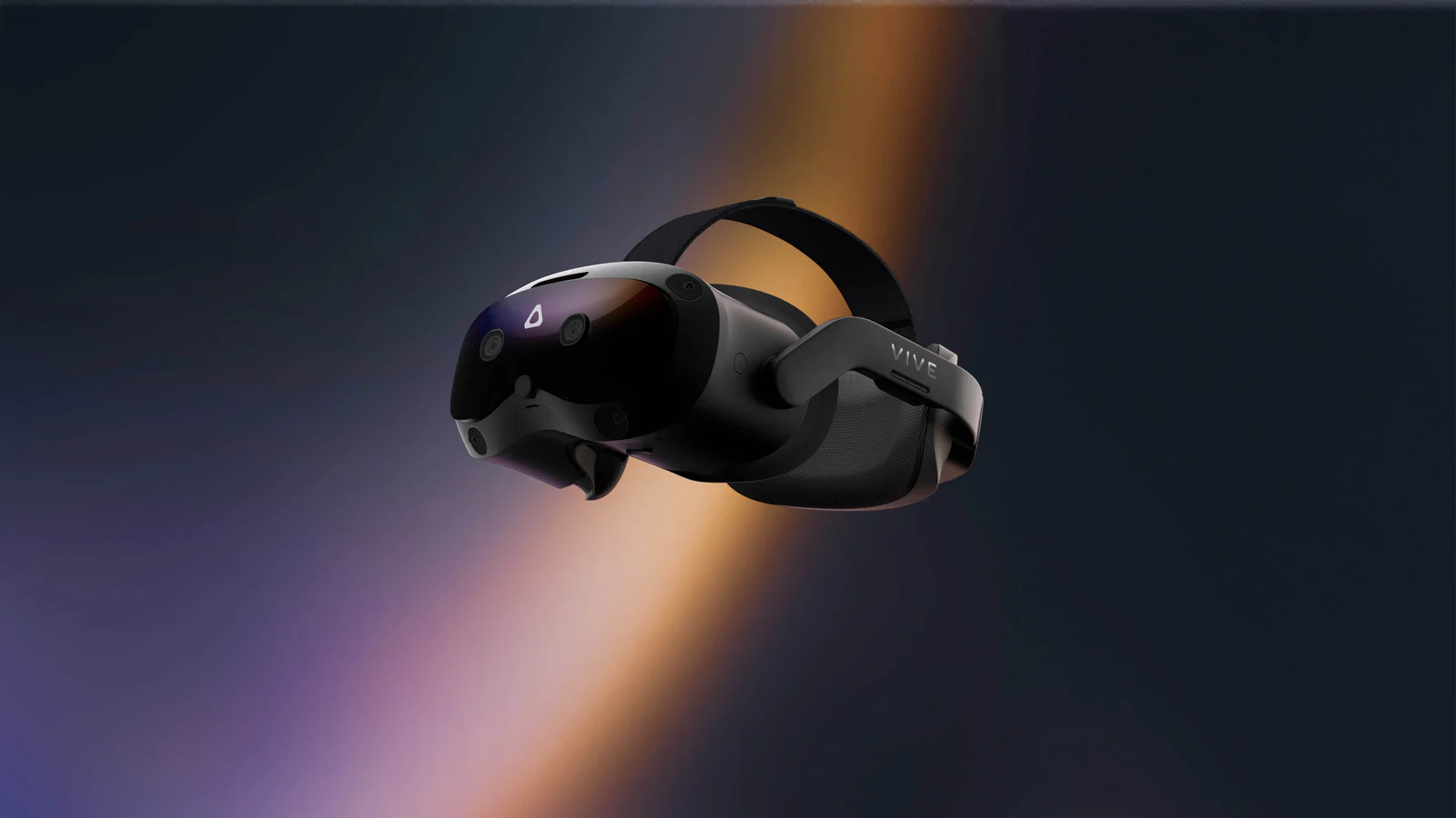 HTC VIVE Focus Vision headset floating on HTC's blue and violet studio backdrop