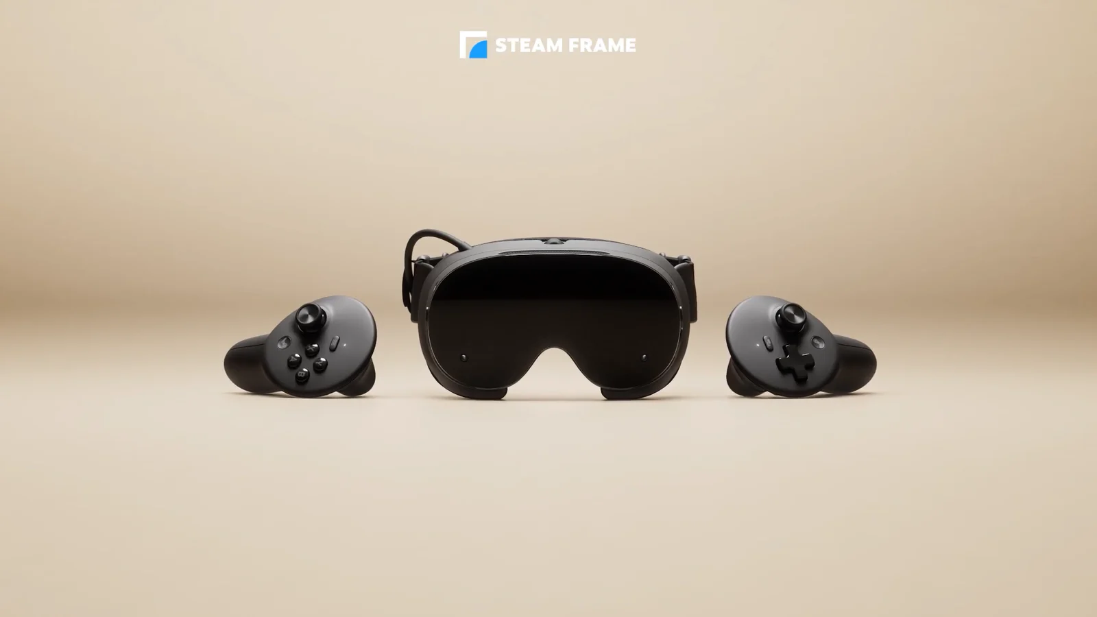 Steam Frame headset and controllers on Valve's warm neutral product backdrop